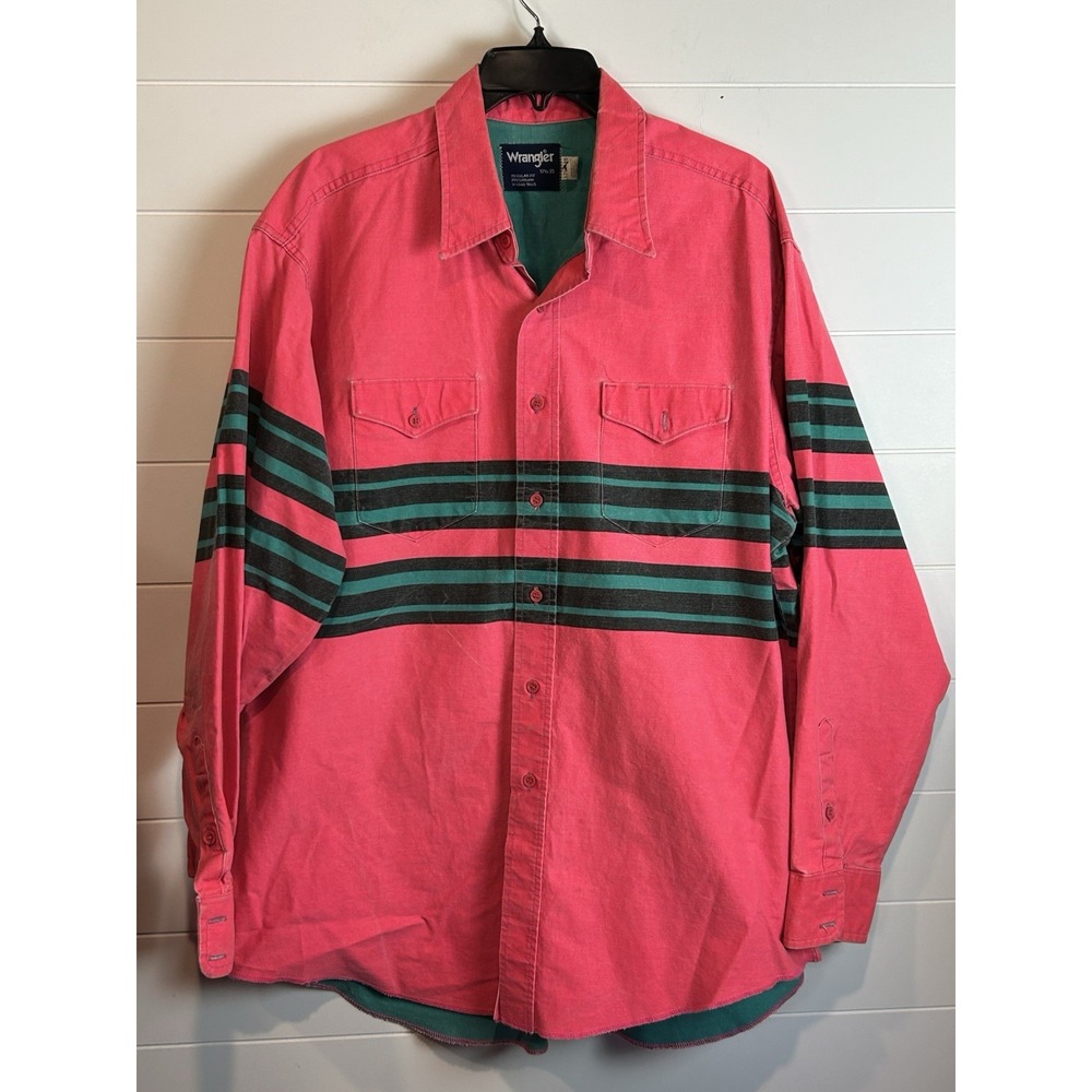VTG Wrangler Pink/Teal‎ Heavy Canvas Cowboy Western Shirt Men's 17.5-35
